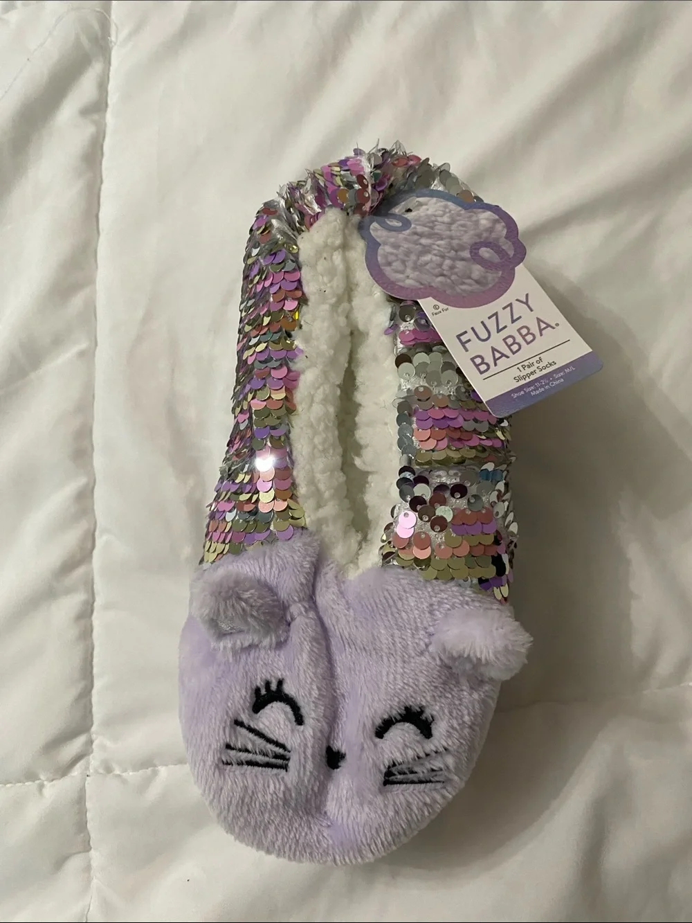 Kids' Lavender Sequin Cat Slippers-138